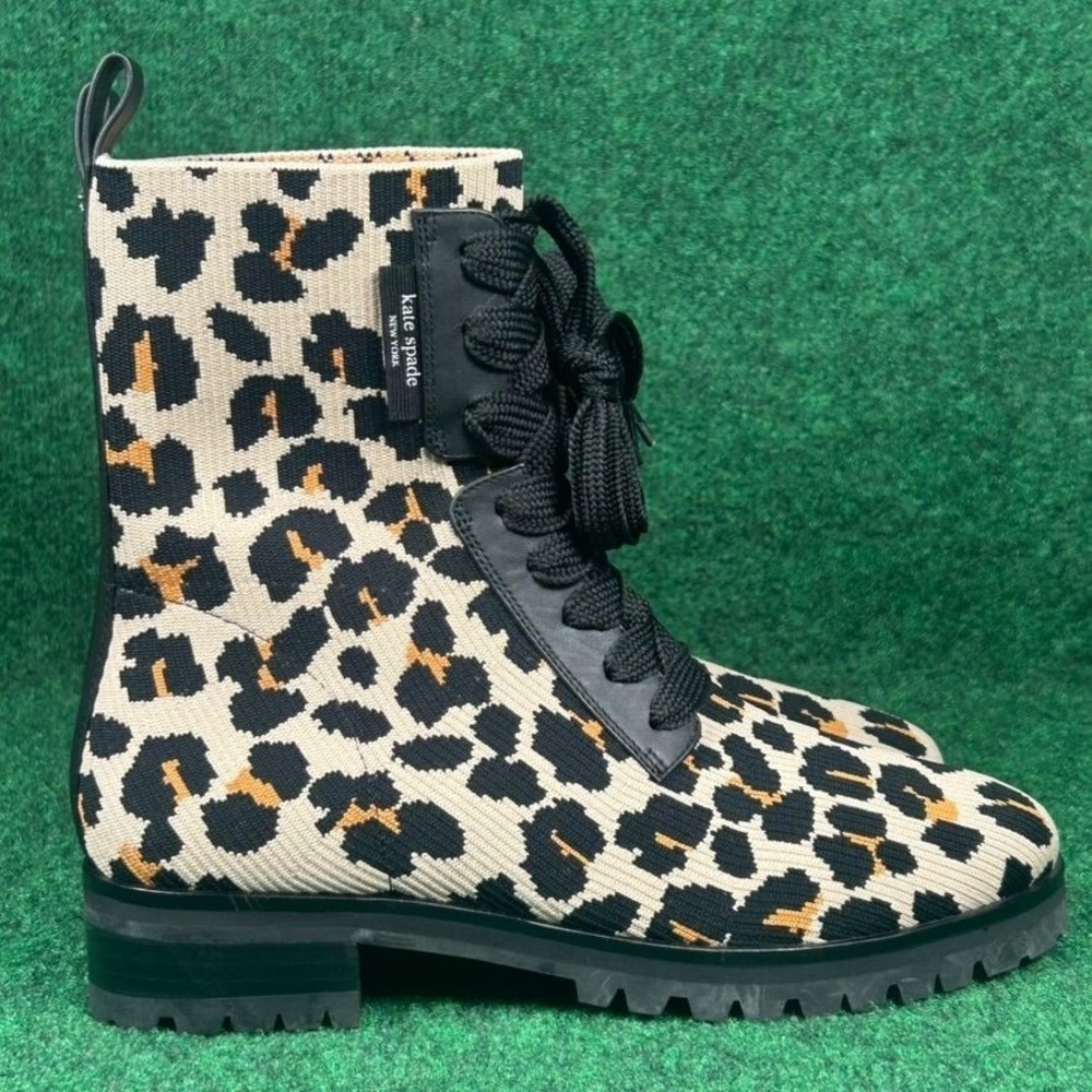 Kate Spade Leopard Print Knit Lace Up Ankle Boots Women 8.5B Leather Rubber Sole - Picture 2 of 11